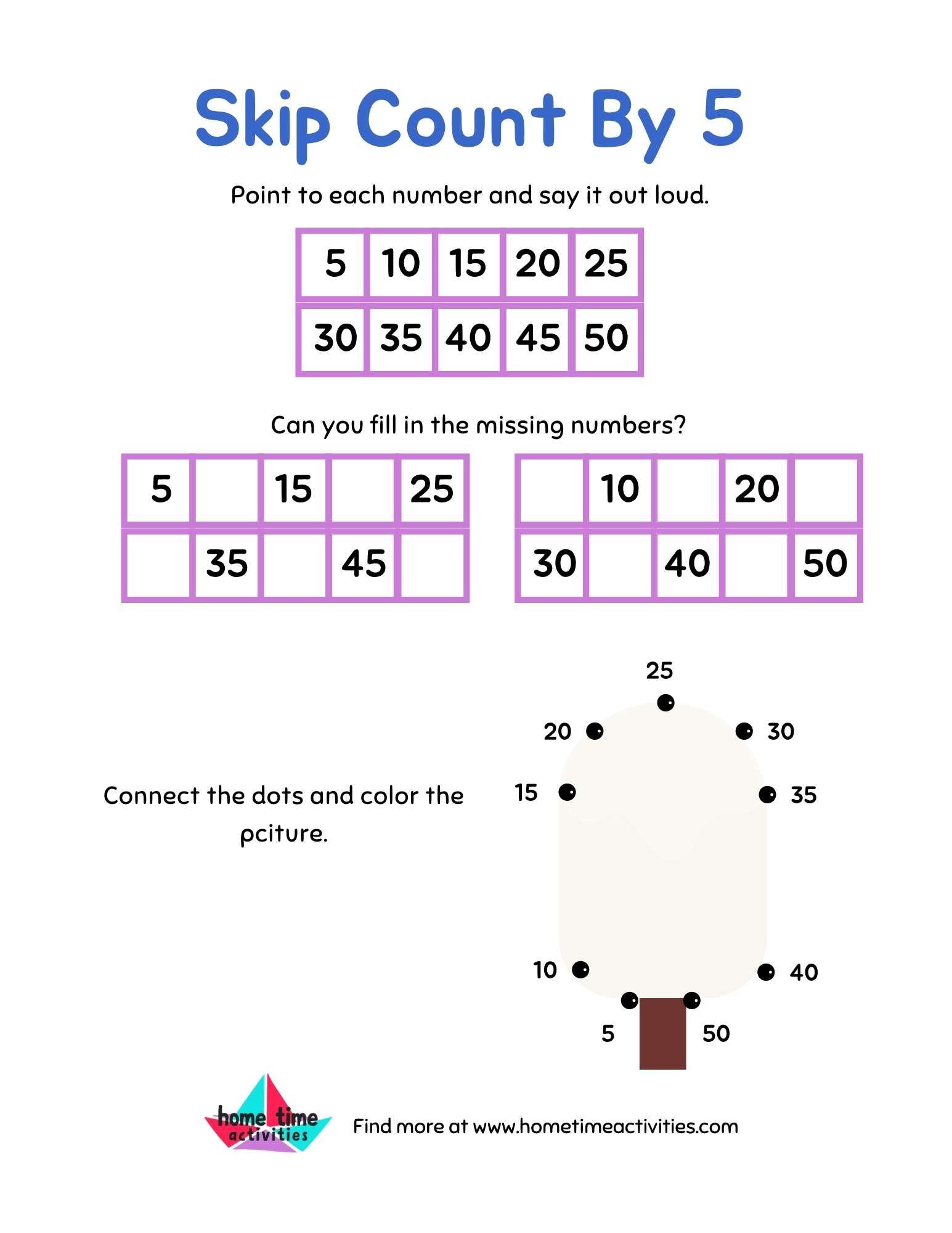 Skip Count By Five activities, worksheets Hometime Activities