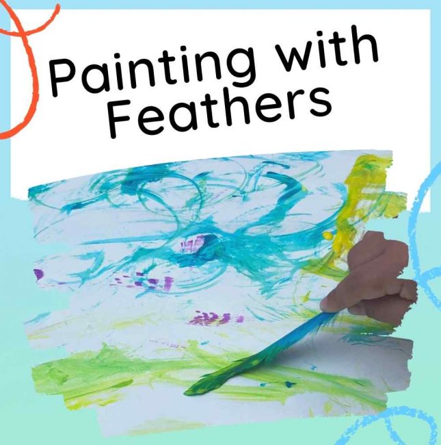 Painting with feathers - a fun art idea for kids - image with text