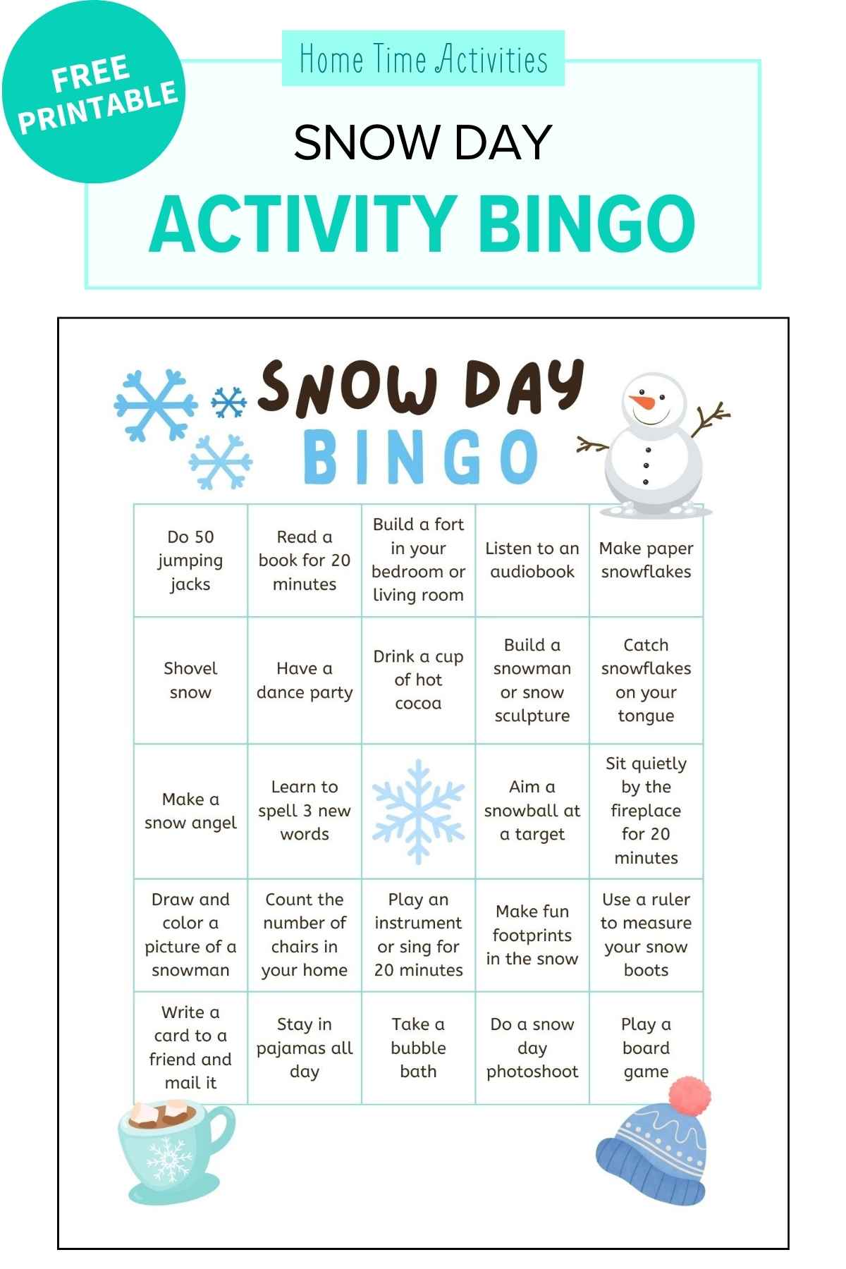 snow day bingo printable free