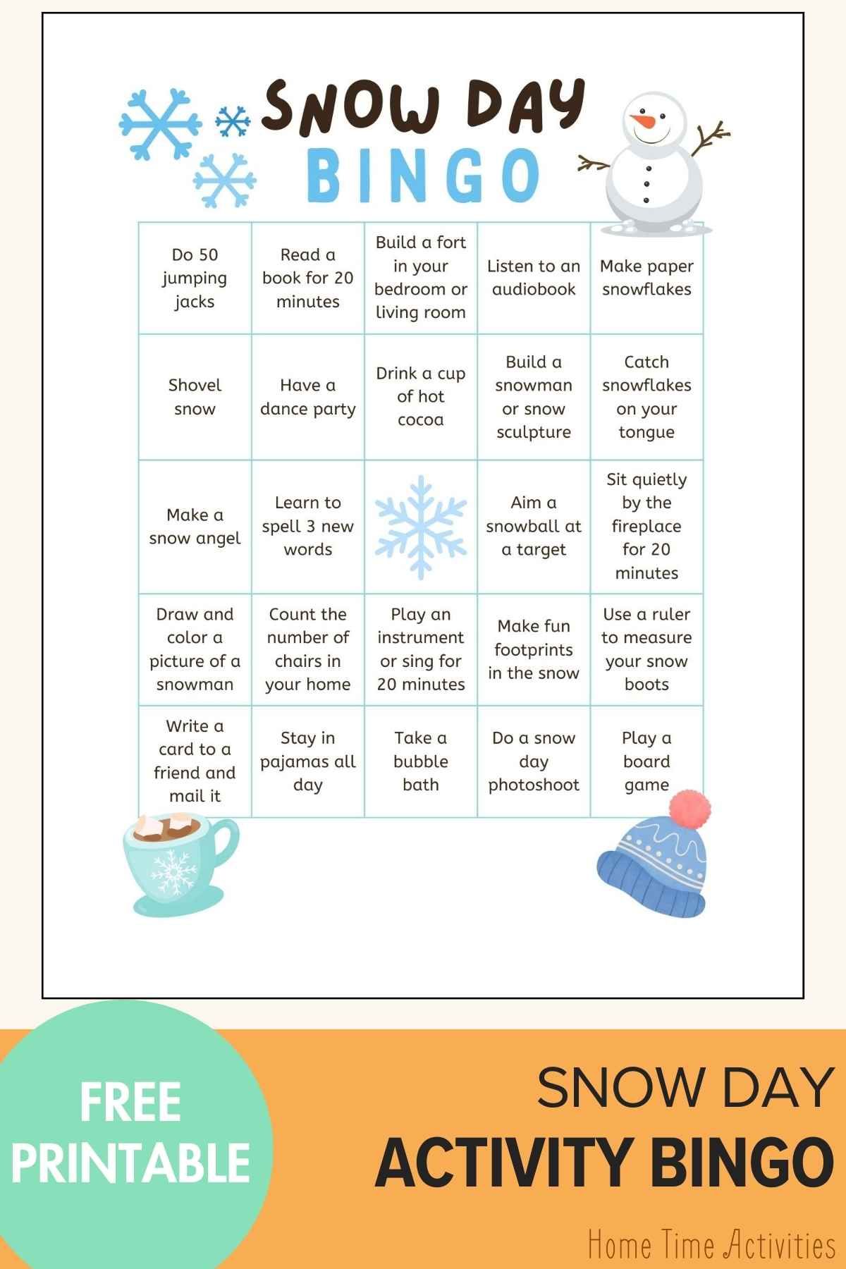 snow day activity bingo printable