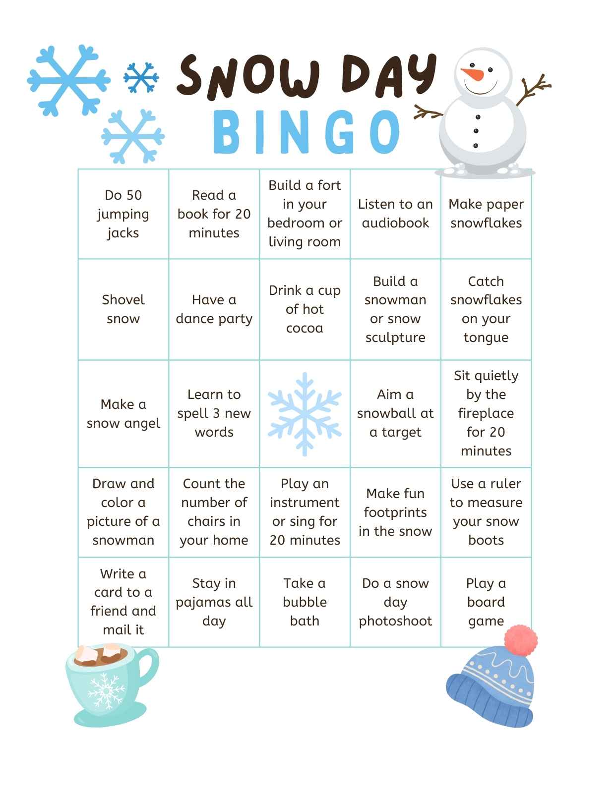 snow day bingo activity printable