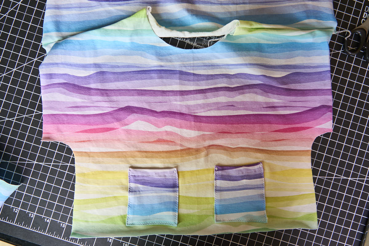 sew diy t shirt pattern into a dress for girl with patch pockets